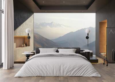 A bathroom with a large window overlooking mountains. There are two bathtubs, one on the left and one on the right Wall mural