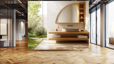 A bathroom with a sink and a mirror. The sink is made of stone and the mirror is oval shaped. There are two shelves above the sink and a wooden shelf below it. There are also two bottles on the shelf Wall mural