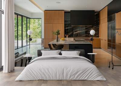 A kitchen with a black countertop and a black stove. There are two chairs and a vase on the counter Wall mural