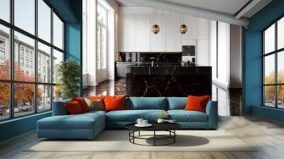 A kitchen with a black marble countertop and two chandeliers hanging above it Wall mural