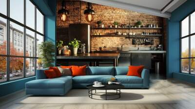 A kitchen with a brick wall and a black countertop Wall mural