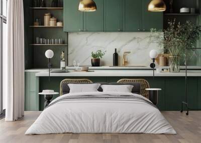 A kitchen with a white countertop and green cabinets. There are two chairs with gold accents and a sink. A vase with flowers sits on the counter Wall mural