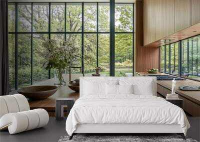 A kitchen with a wooden countertop and a large window. A bowl of fruit is on the counter Wall mural