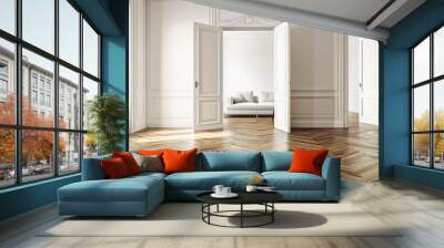 A large open room with a couch and two doors. The room is empty and has a clean, minimalist look Wall mural