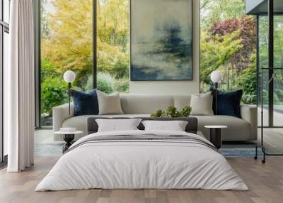 A large white couch with blue pillows sits in front of a coffee table Wall mural