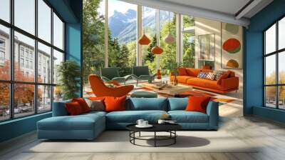 A living room with a couch, chairs, and a coffee table. The couch is orange and the chairs are green. There are two vases on the coffee table Wall mural