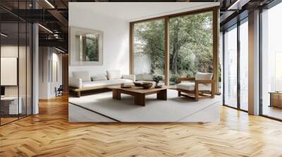 A living room with a couch, coffee table, and chairs. The couch is white and the coffee table is brown. There are two bowls on the coffee table Wall mural