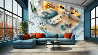 A model of a living room with a couch, chair, and a television. The couch is blue and the chair is green Wall mural