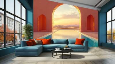 A pool with a view of mountains and a sunset. The pool is surrounded by two arches Wall mural