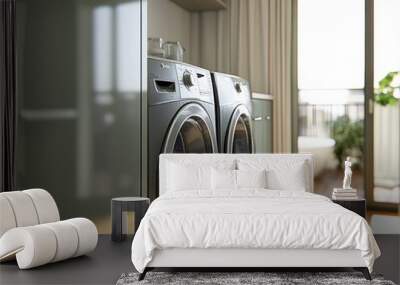 A silver and black washing machine is in a kitchen. There is a second washing machine next to it Wall mural