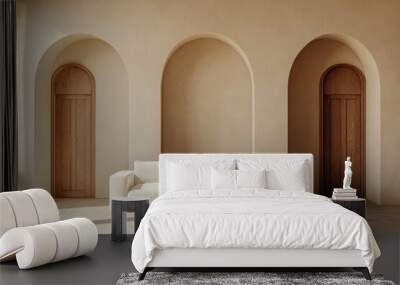 A white couch is in the middle of a room with two arched doors. The couch is facing the door Wall mural