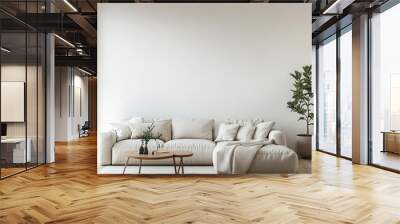 A white couch with pillows and a coffee table in front of it Wall mural