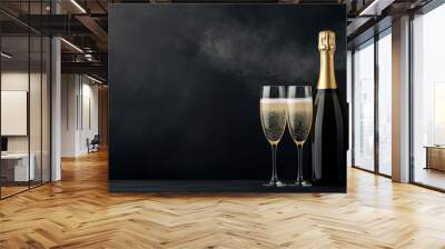 A bottle of champagne with two filled flutes on dark background. Concept of celebration and luxury Wall mural