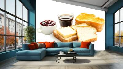 A plate featuring toasted bread with butter, fruit jam, and a steaming cup of coffee isolated on white transparent. Wall mural