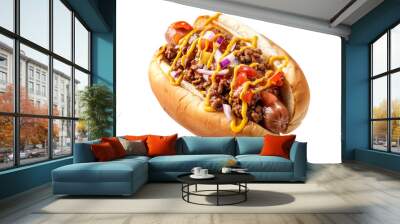 Classic Chili hot dog with ketchup and mustard on a soft bun a isolated on white transparent background. Wall mural