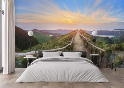 mountain landscape with hiking trail and view of beautiful lakes, ponta delgada, sao miguel island,  Wall mural