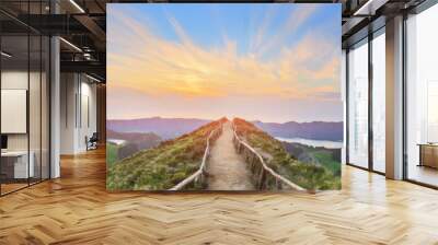 mountain landscape with hiking trail and view of beautiful lakes, ponta delgada, sao miguel island,  Wall mural