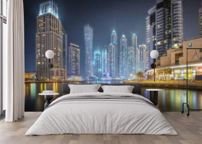 Night time panoramic view of Dubai Marina bay and city center, UAE Wall mural