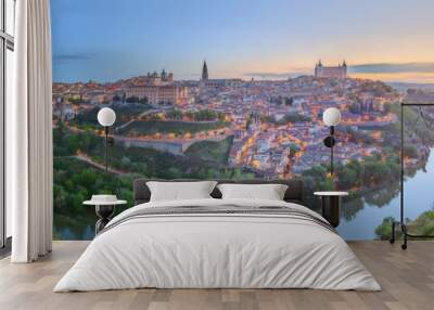 Panoramic view of ancient city and Alcazar on a hill over the Tagus River, Castilla la Mancha, Toledo, Spain. Wall mural