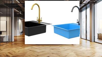 Set of kitchen sink with water tap on white background. 3d render of kitchen furniture and worktop for preparing food Wall mural