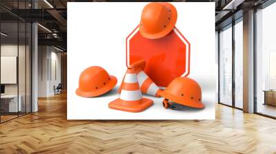 Set of safety helmets or hard hats and traffic cones, road sign on white Wall mural