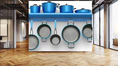 Set of stewpot, frying pan and chrome plated cookware hanging on shelf on white Wall mural