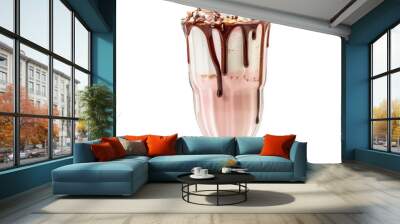 Strawberry milkshake topped with whipped cream and a chocolate isolated on white background Wall mural