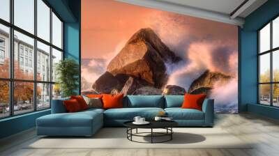 Tropical beach with rocks and big crashing waves Wall mural