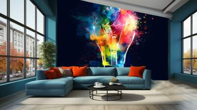 Bright Glowing Light Bulb on Black Background Wall mural