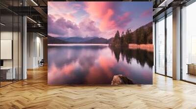  Beautiful pink cloudy sunset over a still mountain lake, dramatic colors photograph Wall mural