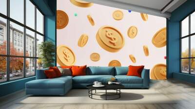 3d rendering of gold coins falling on white background Wall mural