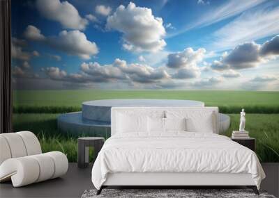 3D Rendering of marble podium backdrop with grass field and sky background Wall mural