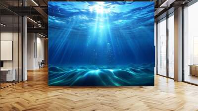 4K blue underwater ocean waves seamless loop animation, light rays pass through the water Wall mural