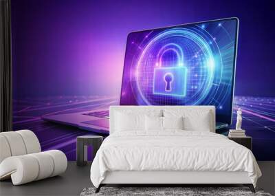 A digital hologram and a Laptop to for cybersecurity ON violet gradient background Wall mural