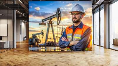 A portrait of a petroleum engineer, possibly with oil rigs or petroleum extraction equipment in the background, representing expertise in oil and gas exploration and production.
 Wall mural