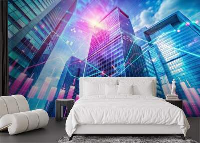 abstract, financial graph on technology, lomo, Ultra-Wide Angle, blue and pink colors, building background Wall mural