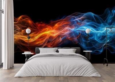 Blue, red and orange fire energy wave isolated on beneath black background Wall mural