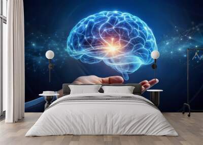 Close up of hand holding glowing digital human brain hologram on dark background  Wall mural