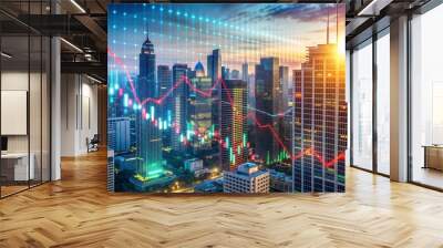 Digital display showing falling interest rates with a cityscape in the background, economic outlook Wall mural