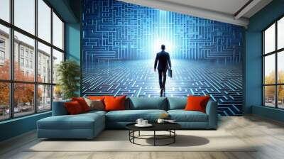 Human silhouette walking through a maze of floating digital ideas, representing the path to business innovation, innovation journey, complex business concepts Wall mural