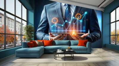 KPI Business analytics. Data analytics report. Key Performance Indicators on information dashboard for business strategy and business intelligence. Businessman showing neon line of KPI icons concept. Wall mural