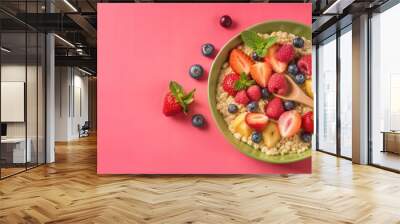 Organic oatmeal, in a bowl with fresh fruits, 3D illustration. copy space for text, no text, no logo Wall mural