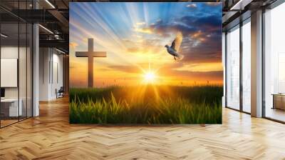 Silhouette Christian cross on grass at sunrise background with miracle bright lighting, religion and worship concept Wall mural