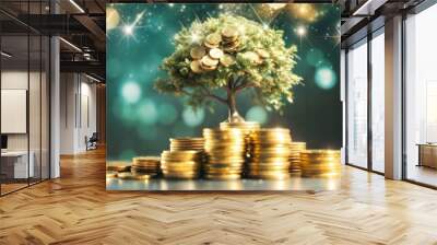 Small tree with golden leaves growing from a pile of gold coins on a blurred light blue background with zodiac constellations Wall mural