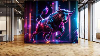 Stylized bull illustration in dynamic motion, embodying market volatility and bullish momentum, symbolic representation of equities performance, bold and vibrant color palette Wall mural