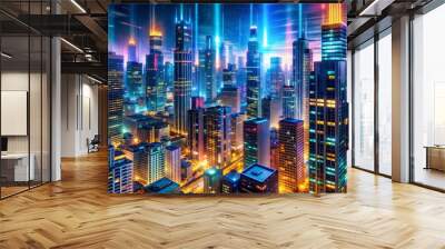 Vibrant city nightlife illuminated skyscrapers glow abstract patterns  Wall mural