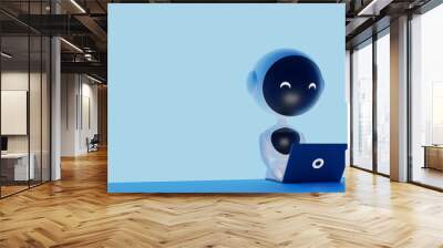 Black and white round robot working at a laptop on an blue copy space background 3d illustration Wall mural