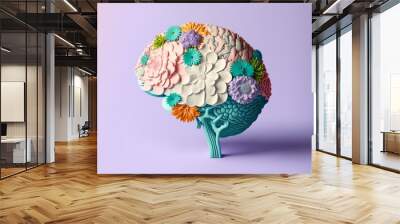 Pastel floral human brain background. Mental health concept Generative AI Wall mural