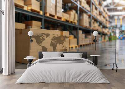 A cardboard box with a map of the world on it sits on a warehouse floor. The box is surrounded by stacks of cardboard boxes, creating a sense of order and organization. Concept of global trade Wall mural