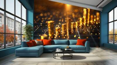 A city skyline is lit up with golden bars and dots. The bars are stacked on top of each other, creating a sense of height and depth. The dots are scattered throughout the image Wall mural